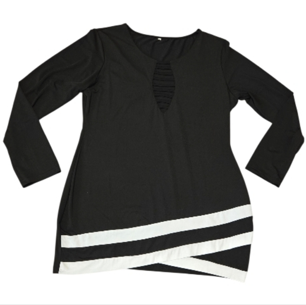 Unbranded Womens' XXL Black Long Sleeve Tunic Top Asymmetrical White Striped Hem